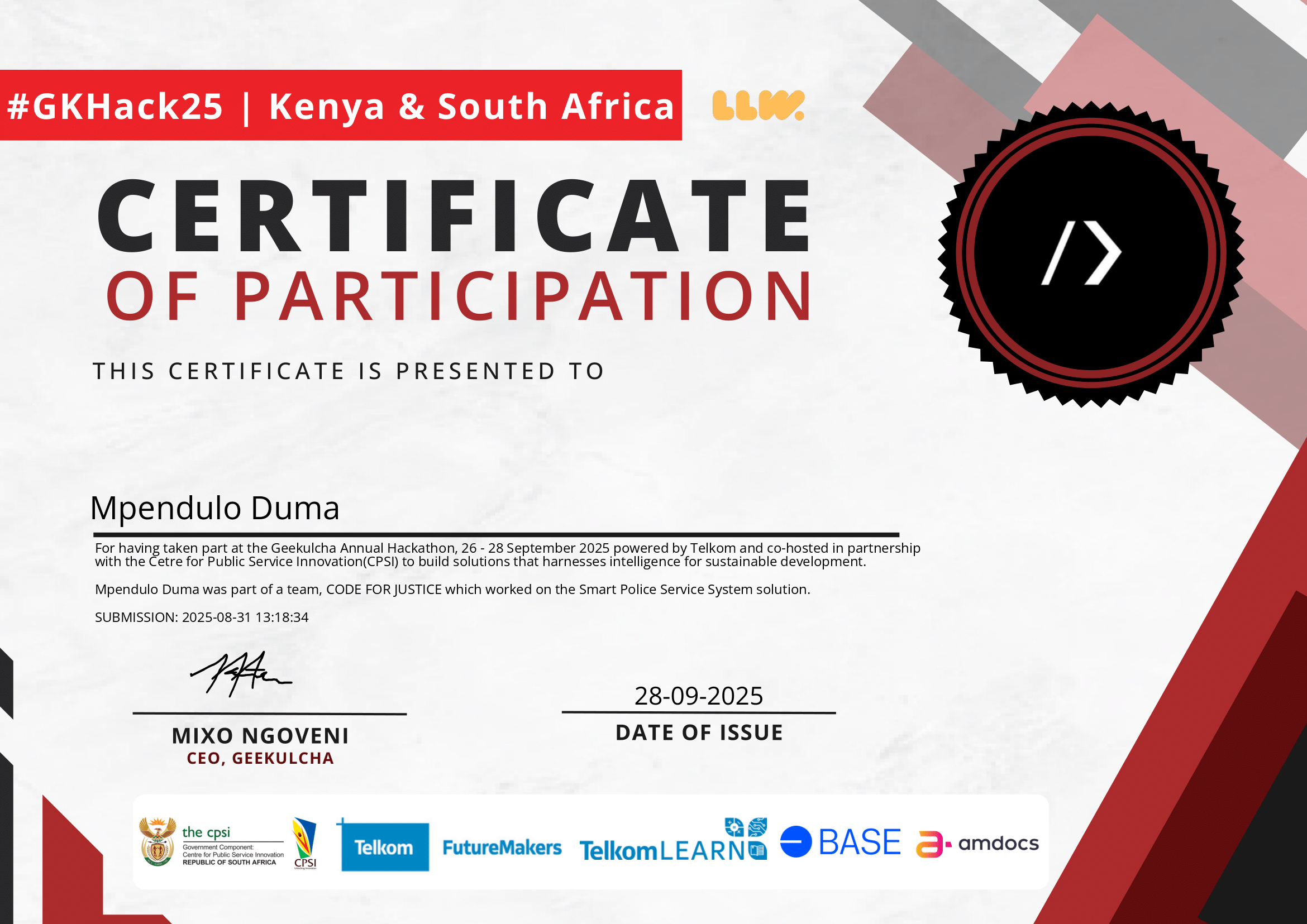 Geekulcha Hackathon Certificate